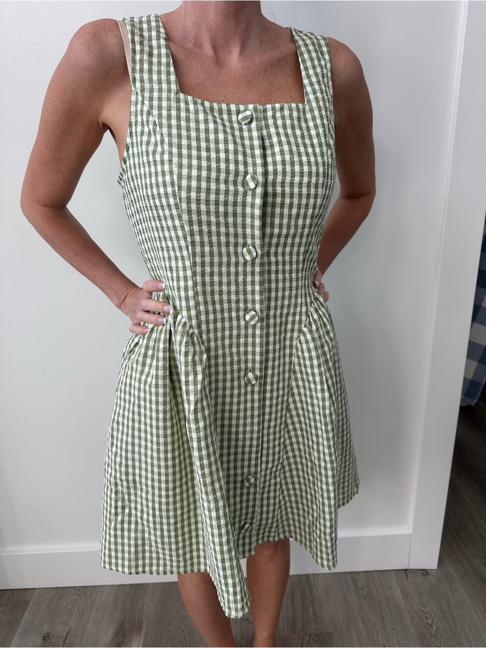 entro Olive Gingham Square-Neck Mini Dress